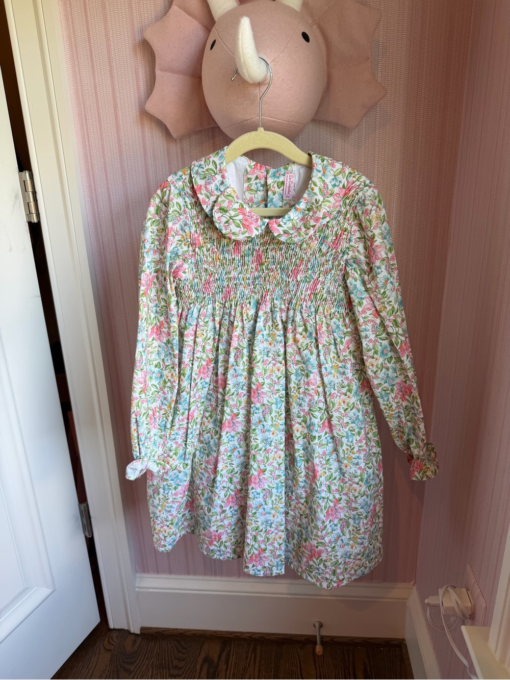 Floral Peter Pan Collar Long-Sleeve Dress for Kids - Pink & Green
